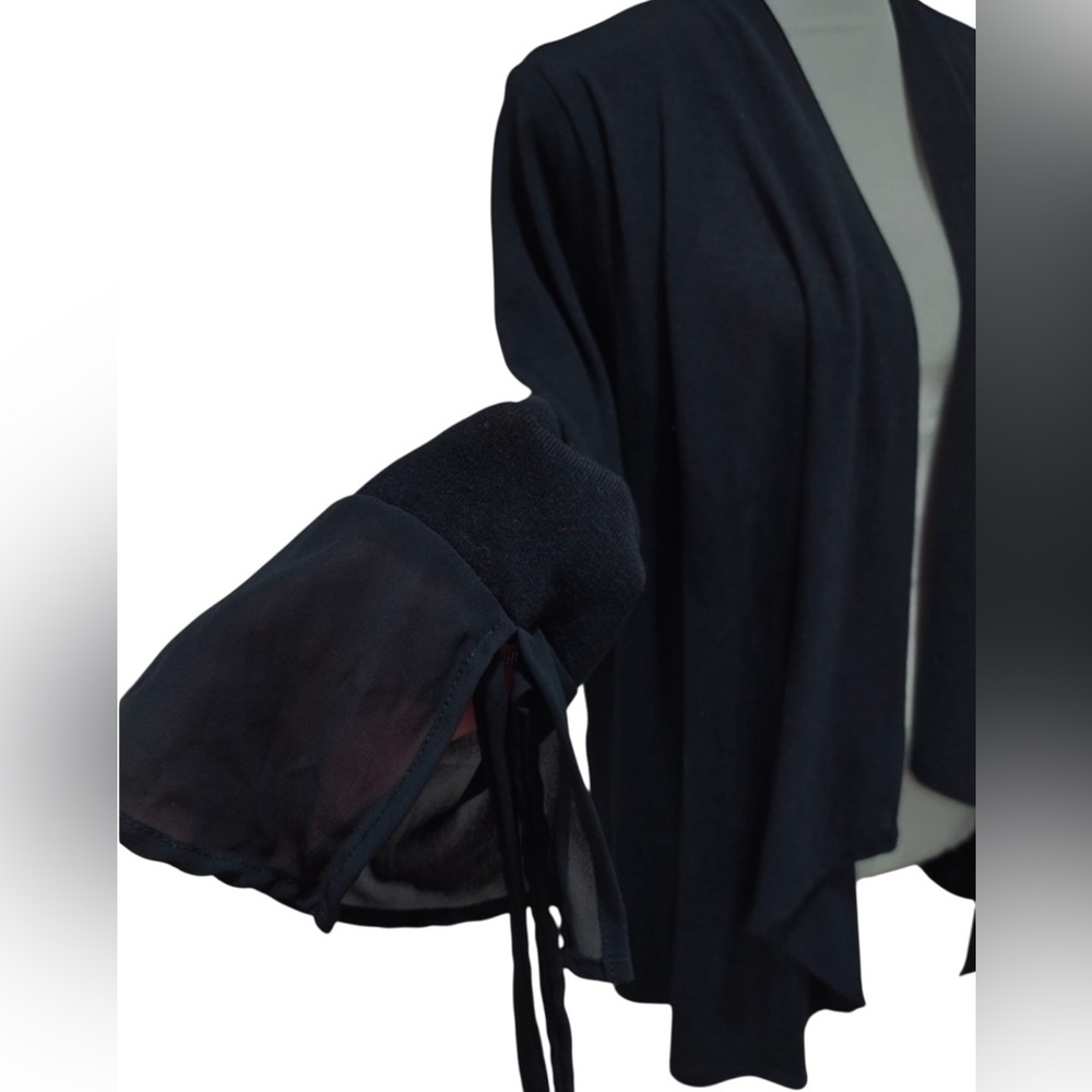 August Silk, Draped Open Front Black Flowing Cardigan Sheer Bell Cuffs. Large - Picture 11 of 12